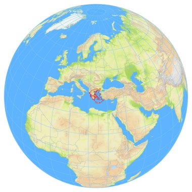 Dünya 'nın uzaydan görünüşü, Yunanistan' ın Avrupa 'daki konumunu gösteriyor. Ülke kırmızı bir çokgenle vurgulanıyor. Küçük ülkeler de kırmızı daire ile işaretlenmiştir. Hiç etiket yok..