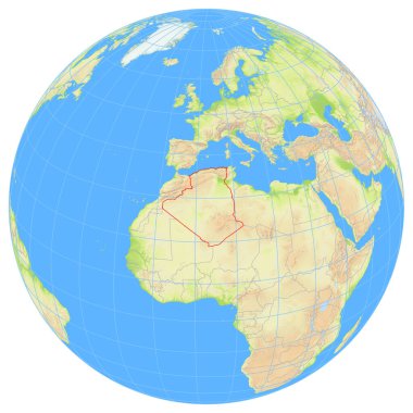 Dünya 'nın uzaydan görünüşü Cezayir' in Afrika 'daki konumunu gösteriyor. Ülke kırmızı bir çokgenle vurgulanıyor. Küçük ülkeler de kırmızı daire ile işaretlenmiştir. Hiç etiket yok..