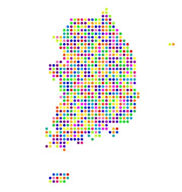 Güney Kore 'nin soyut haritası rengarenk daireler çizerek ülkenin alanını gösteriyor.