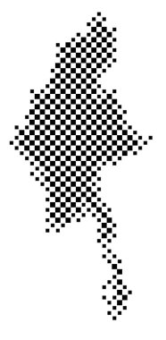 Myanmar 'ın soyut haritası ülkeyi satranç tahtası gibi siyah beyaz karelerden oluşan bir şablonla gösteriyor.