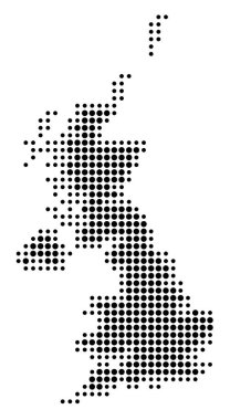 Birleşik Krallık 'ın soyut haritası, siyah daireler çizerek ülkenin alanını gösteriyor.