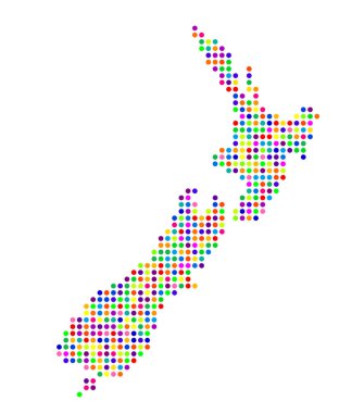 Yeni Zelanda 'nın soyut haritası ülkenin alanını renkli daireler şeklinde gösteriyor