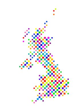 Satranç tahtası gibi renkli kare desenleri olan Birleşik Krallık 'ın soyut haritası