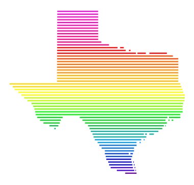 Teksas Eyaleti Sembol Haritası (Amerika Birleşik Devletleri). Gökkuşağı renklerinde yatay paralel çizgilerle durumu gösteren soyut harita