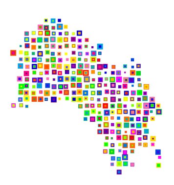 Buskerud İlçesi Sembol Haritası (Norveç). Şekerler gibi renkli karelerin üst üste bindiği bir durum / eyaleti gösteren soyut harita