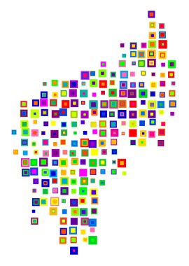 Symbol Map of the State Tripura (India). Abstract map showing the state/province with a pattern of overlapping colorful squares like candies clipart