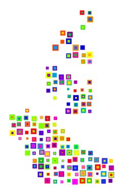 Kuzeybatı Toprakları Sembol Haritası (Kanada). Şekerler gibi renkli karelerin üst üste bindiği bir durum / eyaleti gösteren soyut harita