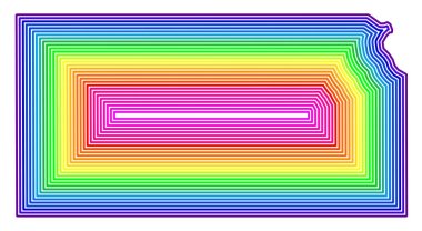 Kansas Eyaleti 'nin (Amerika Birleşik Devletleri) sembol haritası gökkuşağı renklerinde devletin dış hatlarının tamponlandığını gösteriyor