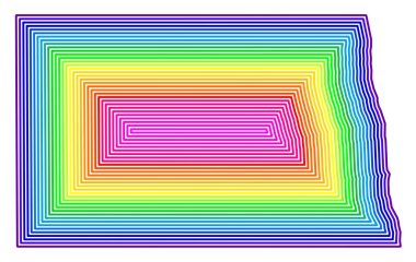 Kuzey Dakota Devleti Sembol Haritası (Amerika Birleşik Devletleri) gökkuşağı renkleriyle tamponlanmış devletin dış hatlarını gösterir
