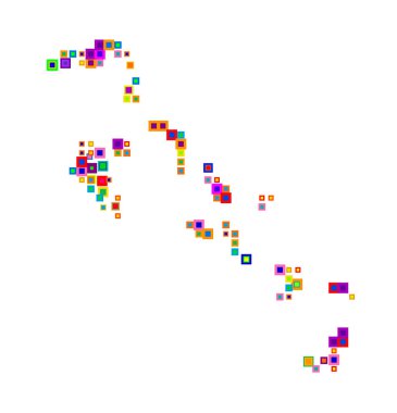 Bahamalar 'ın soyut haritası ülkeyi şekerleme gibi renkli karelerle örtüşen bir şablon ile gösteriyor.