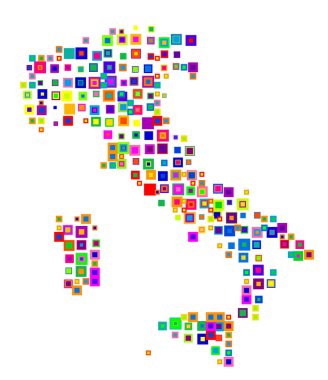 İtalya 'nın soyut haritası, ülkeyi şekerleme gibi üst üste binen renkli karelerle gösteriyor
