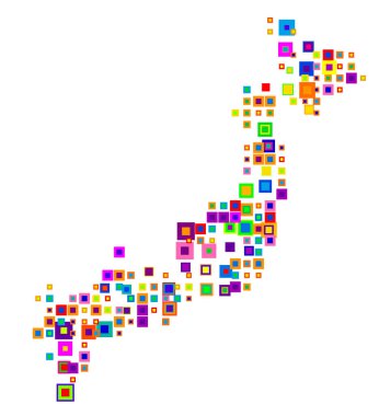 Japonya 'nın soyut haritası ülkeyi şekerlemeler gibi üst üste binen renkli karelerle gösteriyor