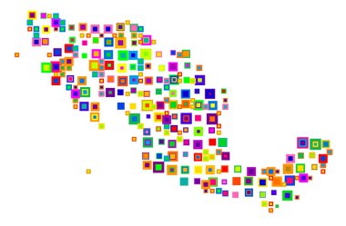 Meksika 'nın soyut haritası ülkeyi şekerlemeler gibi üst üste binen renkli karelerle gösteriyor.