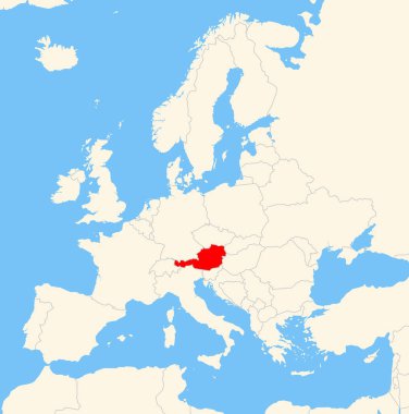 Yer bulucu harita Avusturya 'nın Avrupa' daki konumunu gösteriyor. Ülke kırmızı bir çokgenle vurgulanıyor. Hiç etiket yok. Doğal Dünya ile Yapıldı.