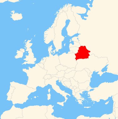 Yer bulucu harita Belarus 'un Avrupa' daki yerini gösteriyor. Ülke kırmızı bir çokgenle vurgulanıyor. Hiç etiket yok. Doğal Dünya ile Yapıldı.