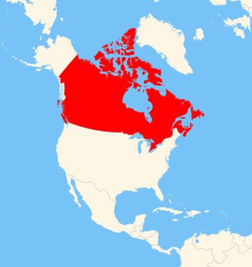 Yer bulucu harita Kuzey Amerika 'daki Kanada' nın yerini gösteriyor. Ülke kırmızı bir çokgenle vurgulanıyor. Hiç etiket yok. Doğal Dünya ile Yapıldı.