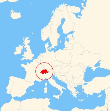 Yer bulucu harita, İsviçre 'nin Avrupa' daki yerini gösteriyor. Ülke kırmızı bir çokgenle vurgulanıyor. Hiç etiket yok. Doğal Dünya ile Yapıldı.