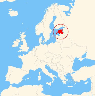 Yer bulucu harita Estonya 'nın Avrupa' daki konumunu gösteriyor. Ülke kırmızı bir çokgenle vurgulanıyor. Hiç etiket yok. Doğal Dünya ile Yapıldı.