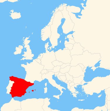 Yer bulucu harita İspanya 'nın Avrupa' daki yerini gösteriyor. Ülke kırmızı bir çokgenle vurgulanıyor. Hiç etiket yok. Doğal Dünya ile Yapıldı.