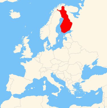 Yer belirleyici harita Finlandiya 'nın Avrupa' daki konumunu gösteriyor. Ülke kırmızı bir çokgenle vurgulanıyor. Hiç etiket yok. Doğal Dünya ile Yapıldı.