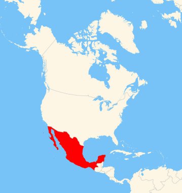 Yer bulucu harita Kuzey Amerika 'daki Meksika' nın yerini gösteriyor. Ülke kırmızı bir çokgenle vurgulanıyor. Hiç etiket yok. Doğal Dünya ile Yapıldı.