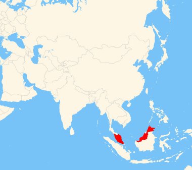 Yer bulucu harita, Malezya 'nın Asya' daki konumunu gösteriyor. Ülke kırmızı bir çokgenle vurgulanıyor. Hiç etiket yok. Doğal Dünya ile Yapıldı.