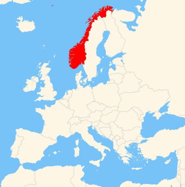 Yer bulucu harita Norveç 'in Avrupa' daki konumunu gösteriyor. Ülke kırmızı bir çokgenle vurgulanıyor. Hiç etiket yok. Doğal Dünya ile Yapıldı.