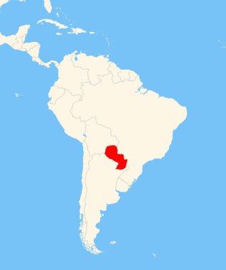 Yer bulucu harita, Paraguay 'ın Güney Amerika' daki yerini gösteriyor. Ülke kırmızı bir çokgenle vurgulanıyor. Hiç etiket yok. Doğal Dünya ile Yapıldı.