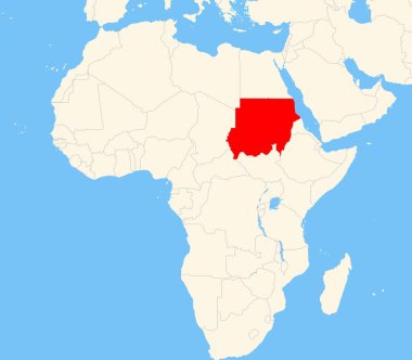 Yer bulucu harita, Sudan 'ın Afrika' daki yerini gösteriyor. Ülke kırmızı bir çokgenle vurgulanıyor. Hiç etiket yok. Doğal Dünya ile Yapıldı.