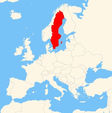 Yer bulucu harita İsveç 'in Avrupa' daki yerini gösteriyor. Ülke kırmızı bir çokgenle vurgulanıyor. Hiç etiket yok. Doğal Dünya ile Yapıldı.