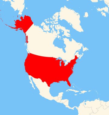 Yer bulucu harita Amerika Birleşik Devletleri 'nin Kuzey Amerika' daki konumunu gösteriyor. Ülke kırmızı bir çokgenle vurgulanıyor. Hiç etiket yok. Doğal Dünya ile Yapıldı.