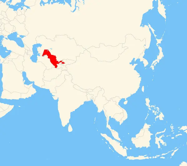 Yer bulucu harita Özbekistan 'ın Asya' daki konumunu gösteriyor. Ülke kırmızı bir çokgenle vurgulanıyor. Hiç etiket yok. Doğal Dünya ile Yapıldı.