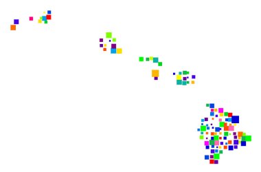 Hawaii Eyaleti 'nin (Amerika Birleşik Devletleri) sembol haritası eyaleti farklı boyutlarda rastgele dağılmış renkli karelerle gösteriyor.