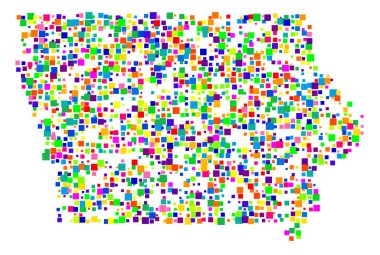 Iowa Eyaleti Sembol Haritası (Amerika Birleşik Devletleri) devleti farklı boyutlarda rastgele dağılmış renkli kareler ile gösterir