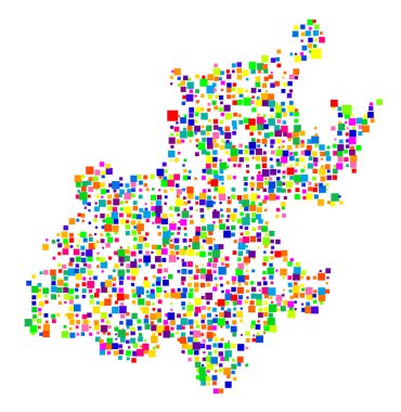 Gauteng Vilayeti 'nin (Güney Afrika) sembol haritası, eyalet / eyaleti farklı boyutlarda rastgele dağılmış renkli kareler ile gösteriyor