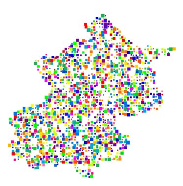Pekin Belediyesi Sembol Haritası (Çin Halk Cumhuriyeti) eyalet / eyaleti farklı boyutlarda rastgele dağılmış renkli kareler ile gösteriyor