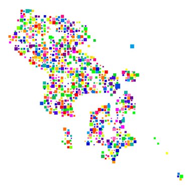 Eyalet Sulawesi Tenggara (Endonezya) sembol haritası farklı boyutlarda rastgele dağılmış renkli kareler ile durum / eyaleti gösterir