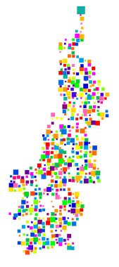 Sulawesi Barat (Endonezya) bölgesinin sembol haritası, farklı boyutlarda rastgele dağılmış rengarenk kareler ile eyalet / eyaleti gösteriyor