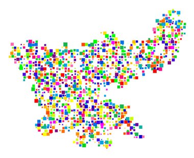 Devlet Jharkhand (Hindistan) sembol haritası, eyalet / eyaleti farklı boyutlarda rastgele dağılmış renkli kareler ile gösterir