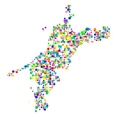 Ehime ili (Japonya) sembol haritası, eyalet / eyaleti farklı boyutlarda rastgele dağılmış renkli kareler ile gösterir