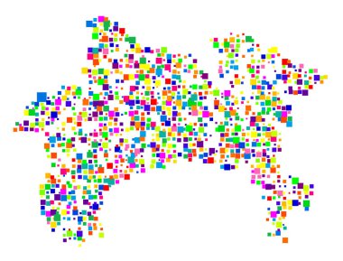 Kanagawa ili (Japonya) sembol haritası, eyalet / eyaleti farklı boyutlarda rastgele dağılmış renkli kareler ile gösterir