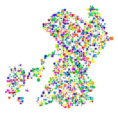 Bölge Kumamoto 'nun (Japonya) sembol haritası, eyalet / eyaleti farklı boyutlarda rastgele dağılmış renkli kareler ile gösterir