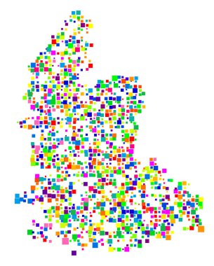 Vilayet Yelek-Agder (Norveç) sembol haritası, farklı boyutlarda rastgele dağılmış renkli kareler ile eyalet / eyaleti gösteriyor