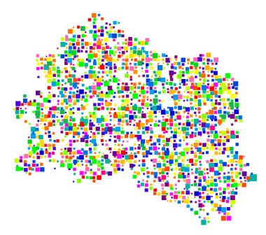 Orel Bölgesi 'nin (Rusya) sembol haritası, eyalet / eyaleti farklı boyutlarda rastgele dağılmış renkli kareler ile gösterir