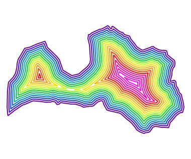 Letonya 'nın soyut haritası ülkeyi gökkuşağı renklerinde eşmerkezli halkalarla gösteriyor.