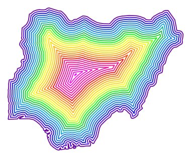Nijerya 'nın soyut haritası ülkeyi gökkuşağı renklerinde eşmerkezli halkalarla gösteriyor.