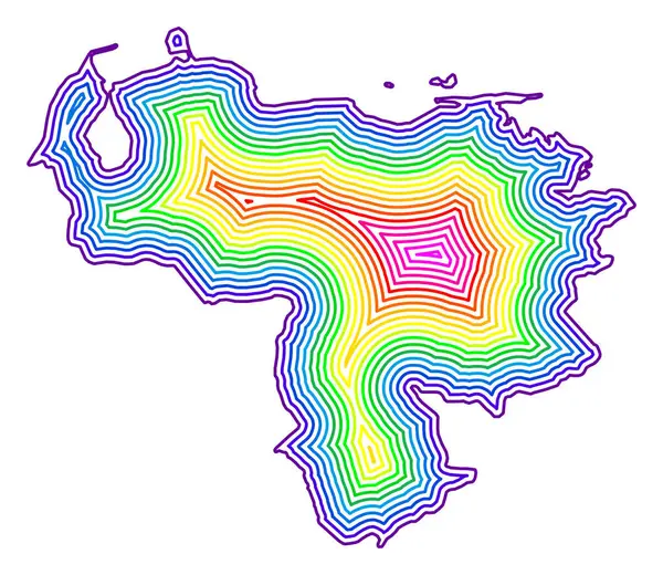 stock vector Abstract map of Venezuela showing the country with concentric rings in rainbow colors.