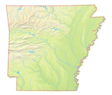Arkansas devletinin (Amerika Birleşik Devletleri) haritası, izole edilmiş bölgeyi, deniz, nehir, göl ve sınır gibi su kaynaklarıyla göstermektedir. Hiç etiket yok..