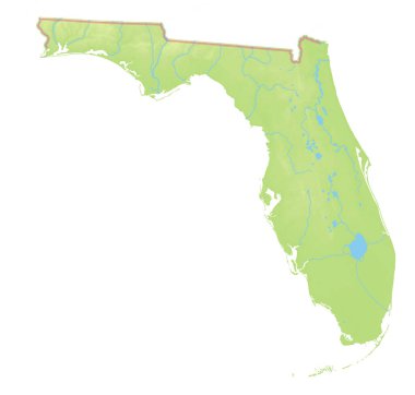 Florida Eyaleti 'nin (Amerika Birleşik Devletleri) izole edilmiş bölgesini deniz, nehir, göl ve sınır gibi su kaynaklarıyla göstermektedir. Hiç etiket yok..