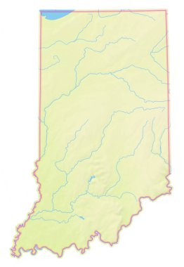 Indiana Eyaleti 'nin (Amerika Birleşik Devletleri) izole edilmiş bölgesini, deniz, nehir, göl ve sınır gibi su kaynaklarıyla göstermektedir. Hiç etiket yok..